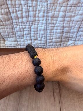 Black Lava Bead Stretch Bracelet with Gold Accent